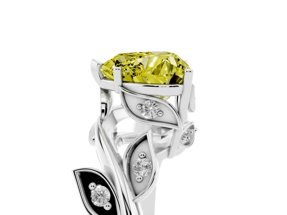 Fancy Yellow Heart Cut Solitaire Twist Engagement Ring with Leaf Accents and Prong Setting White gold