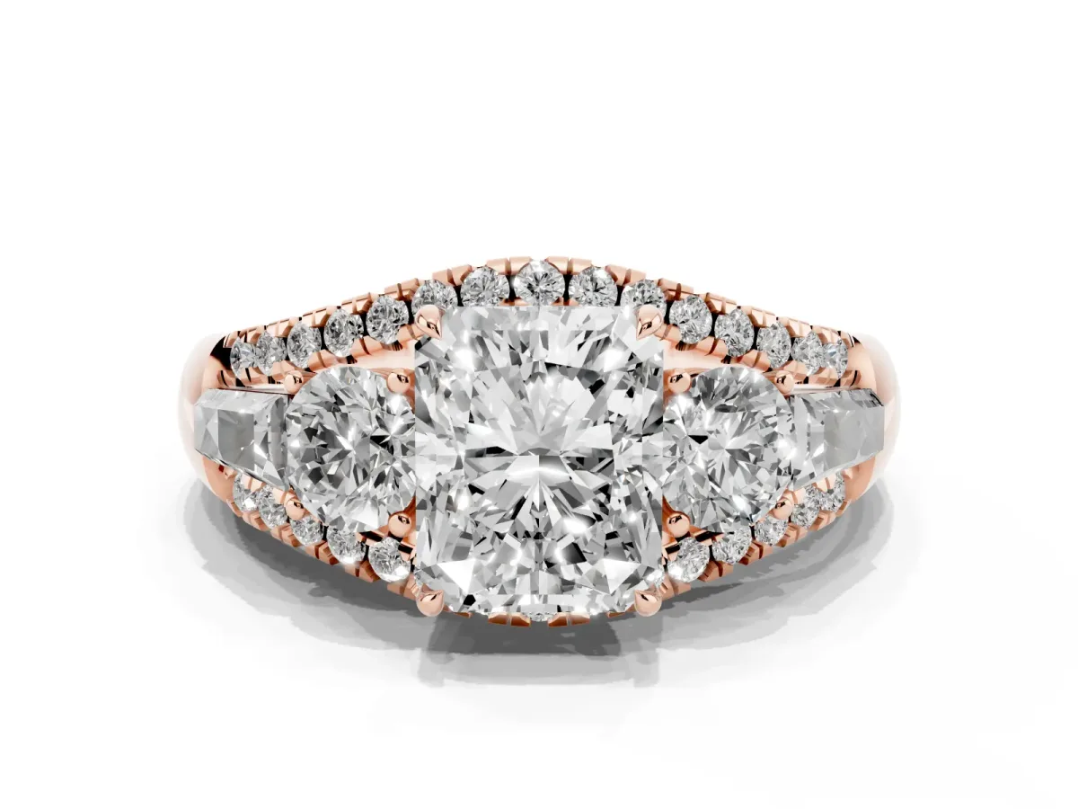 Three-Stone Radiant Cut Diamond Engagement Ring with Pave Band and Prong Setting Rose gold