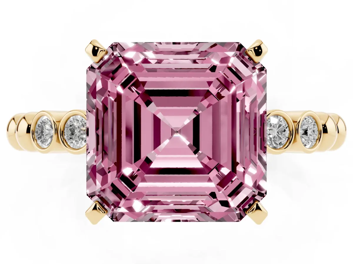 Fancy Pink Asscher Cut Solitaire Bezel Accent Diamond Engagement Ring with Beaded Band and Four-Prong Setting Yellow gold