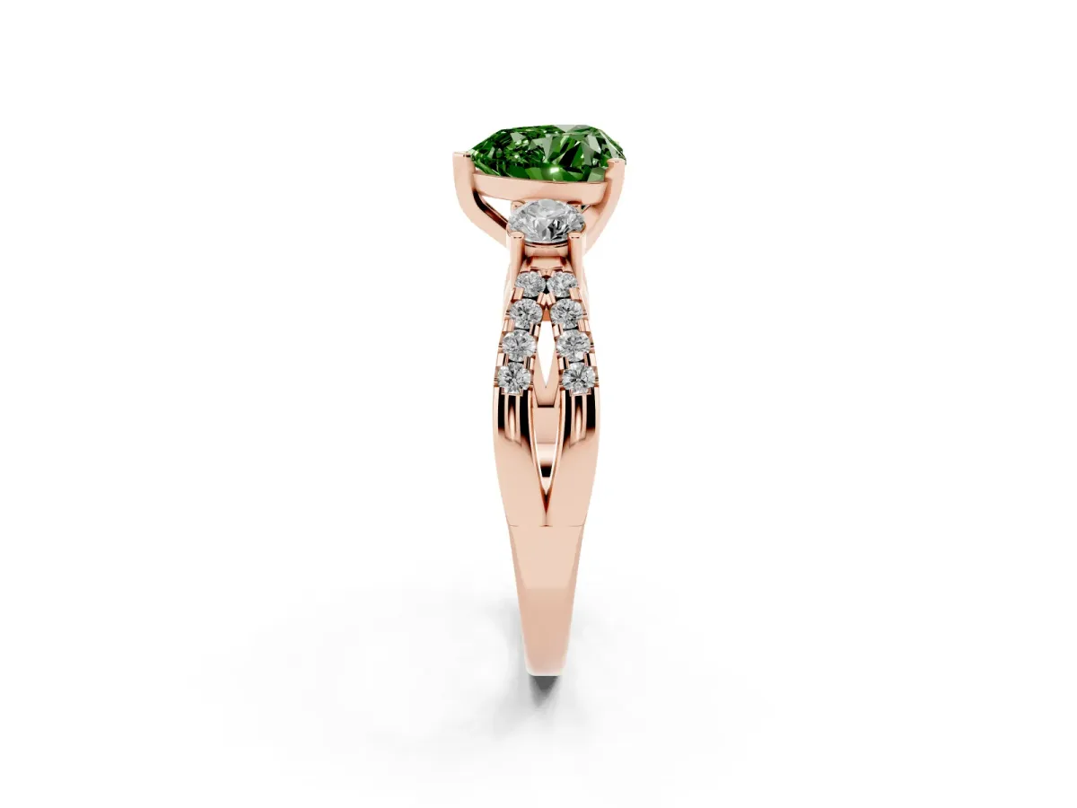 Fancy Green Heart Cut Diamond Three-Stone Ring with Pavé Split Shank and Four-Prong Setting Rose gold
