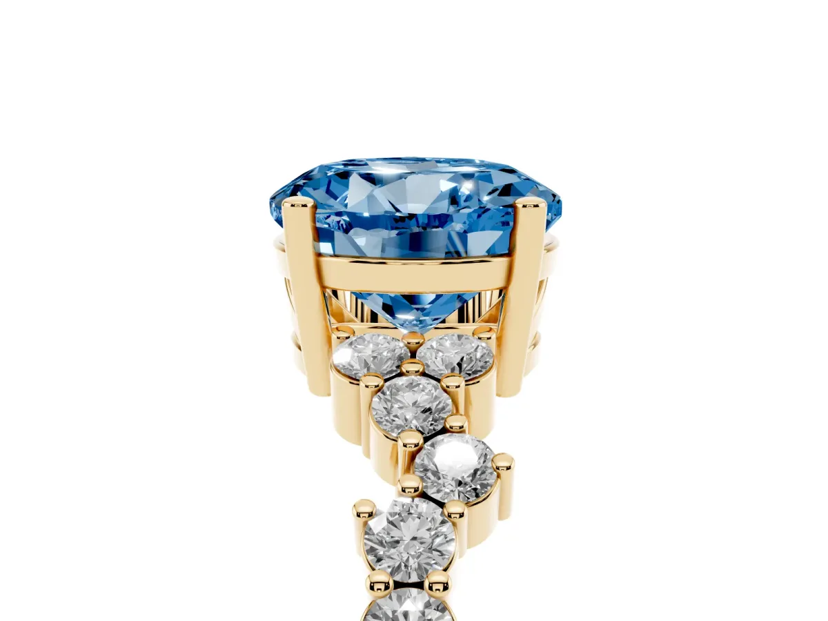 Fancy Blue Round Cut Diamond Scattered Round Accent Ring with Prong Setting Yellow gold