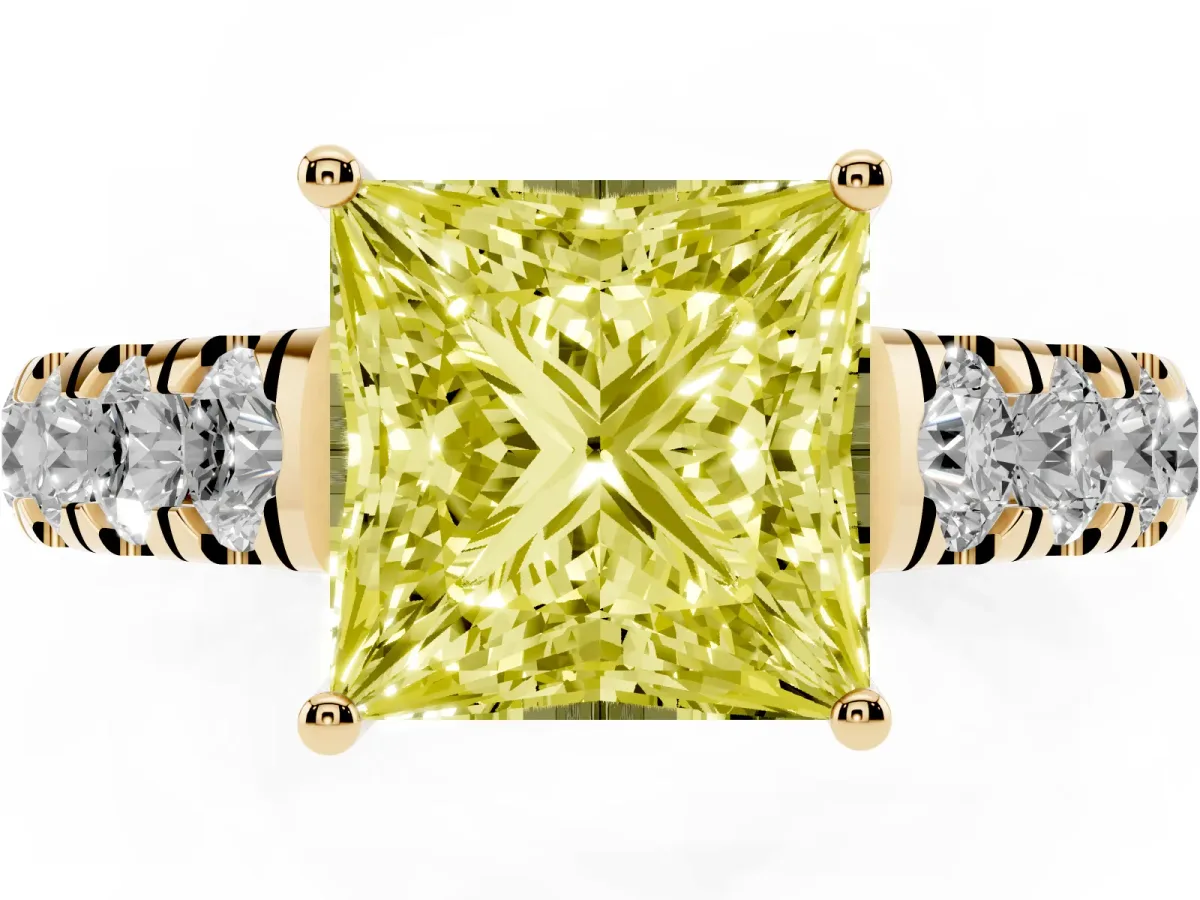 Fancy Yellow Princess Cut Cut Diamond Solitaire Ring with Micro Pave Band and Prong Setting Yellow gold