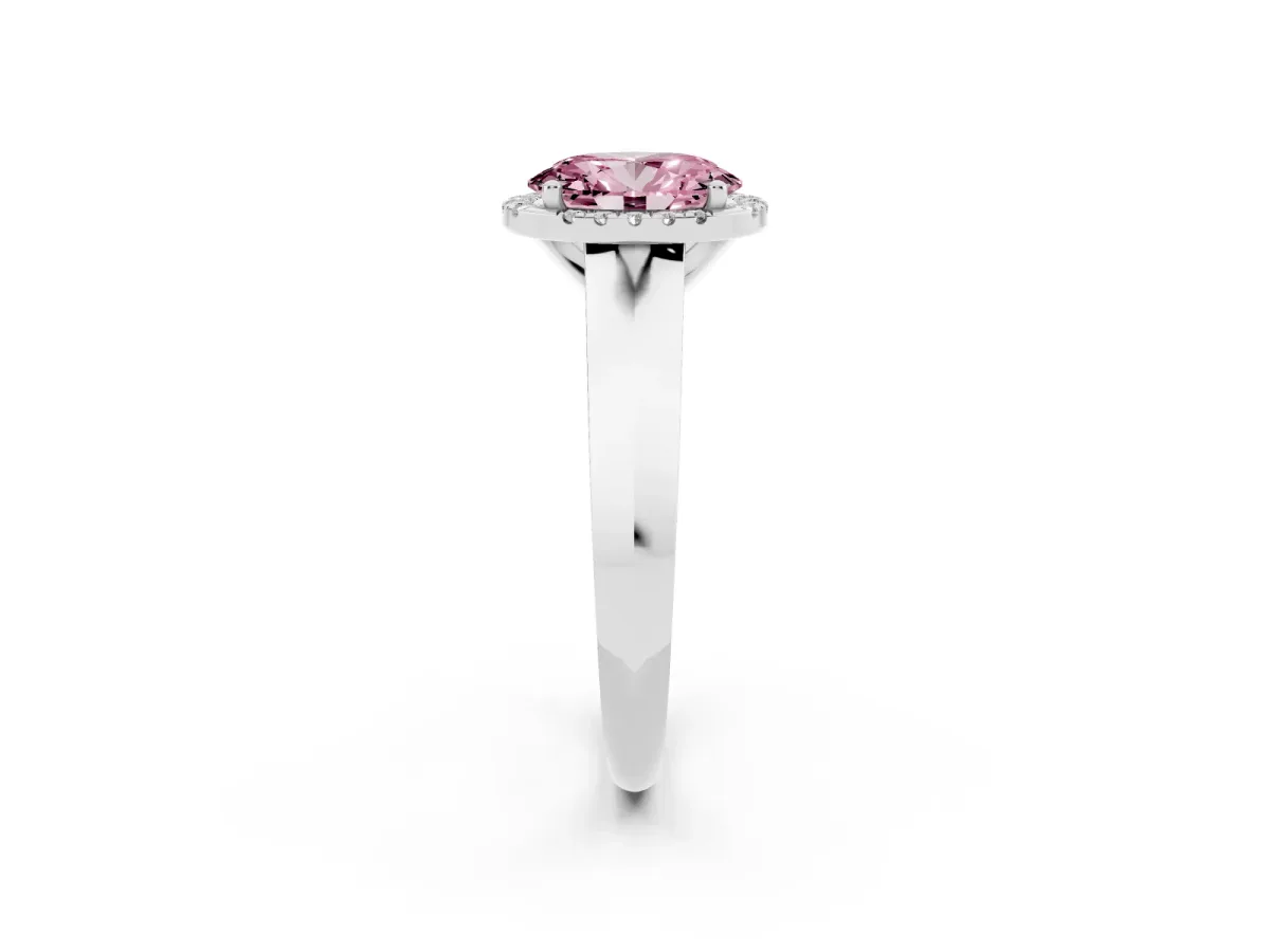 Fancy Pink Oval Cut Halo Diamond Ring with Cathedral Band and Four-Prong Setting Silver