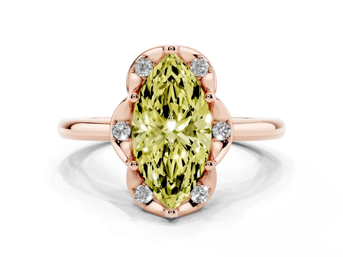 Fancy Yellow Marquise Cut Halo Diamond Ring with Round Cluster Setting, Solitaire Band, and Four-Prong Setting Rose gold
