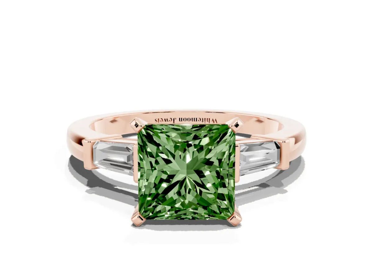 Fancy Green Princess Cut Cut Diamond Solitaire Ring with Tapered Baguette Accents and Four-Prong Setting Rose gold