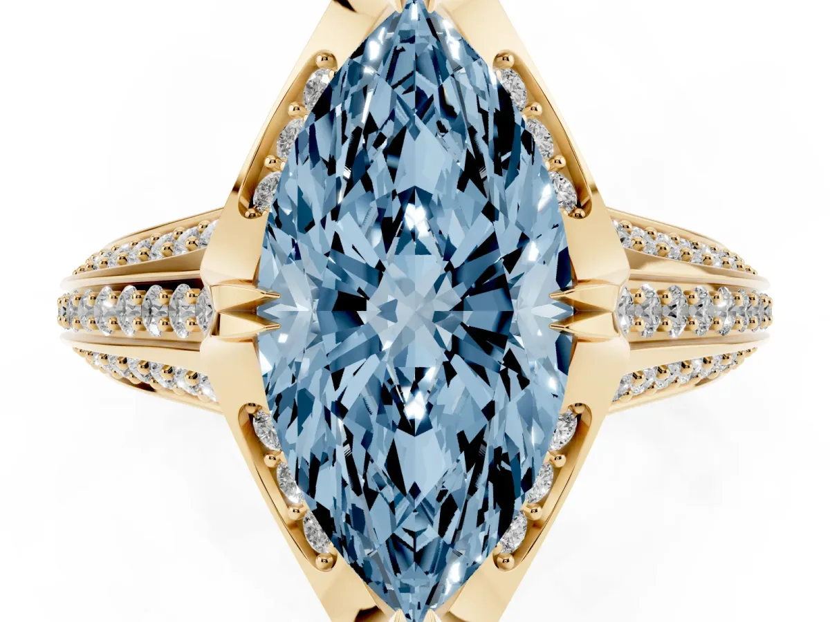 Fancy Blue Marquise Cut Solitaire Pave Split Shank Ring with Four-Prong Setting Yellow gold