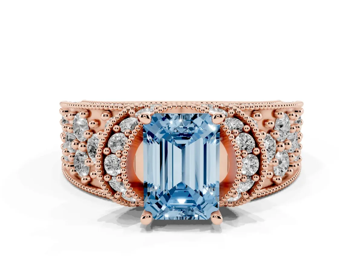 Fancy Blue Emerald Cut Halo Pave Diamond Engagement Ring with Milgrain Detailing Rose gold