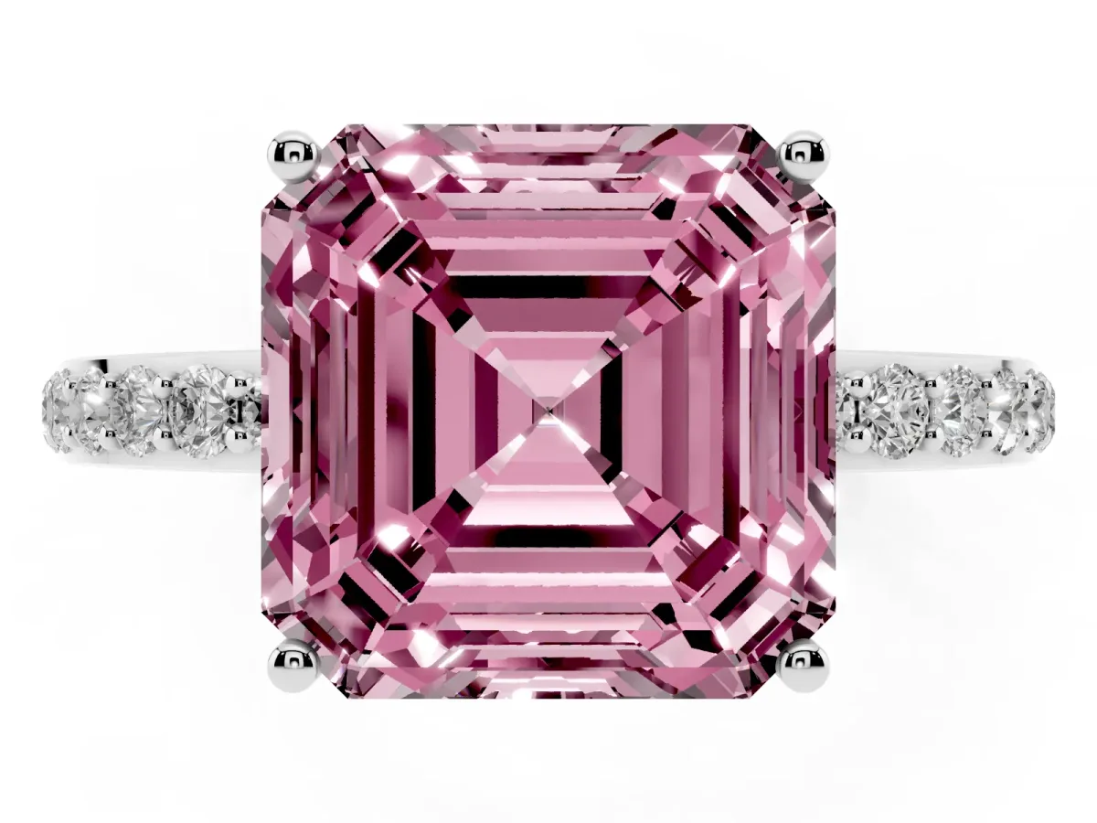 Fancy Pink Asscher Cut Diamond Solitaire Ring with Pavé Band and Hidden Halo Silver