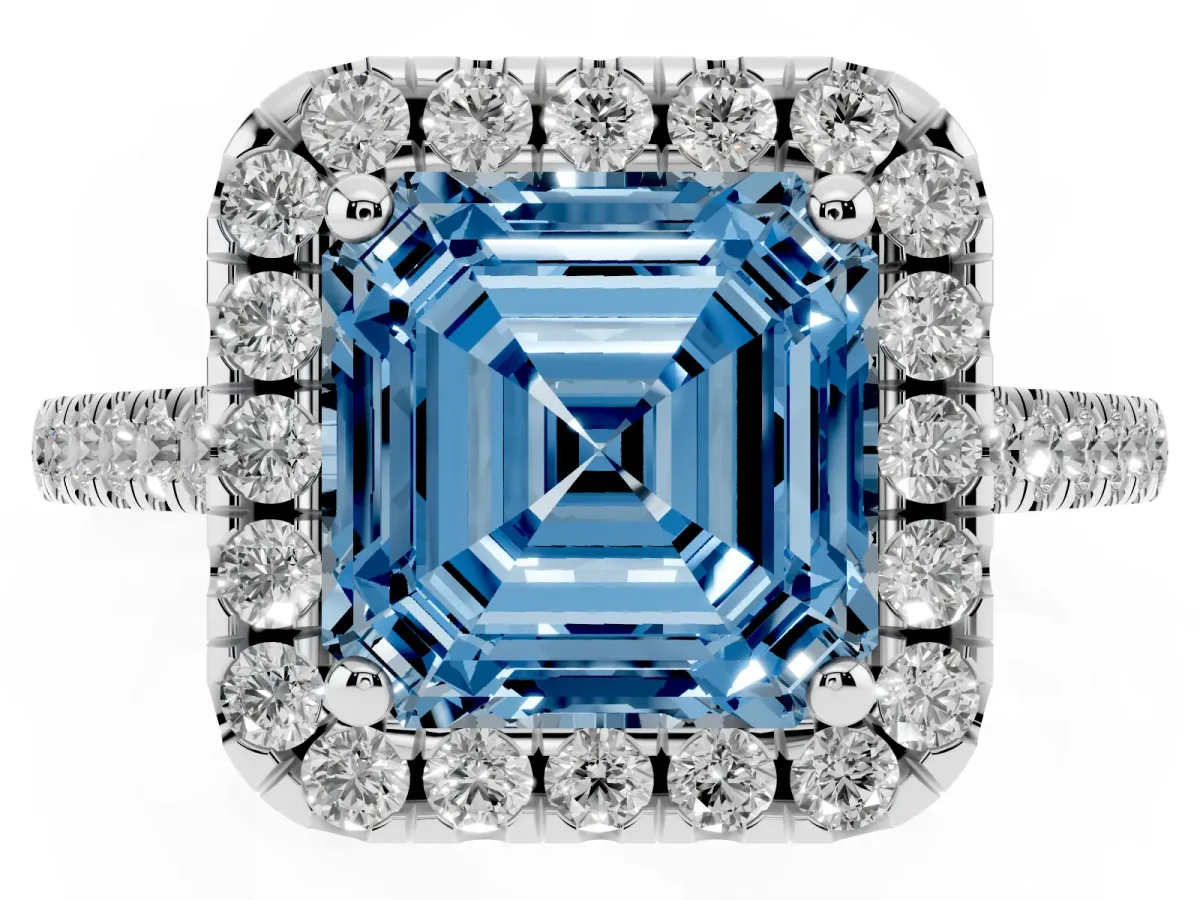 Fancy Blue Asscher Cut Halo Pavé Diamond Engagement Ring with Four-Prong Setting Silver