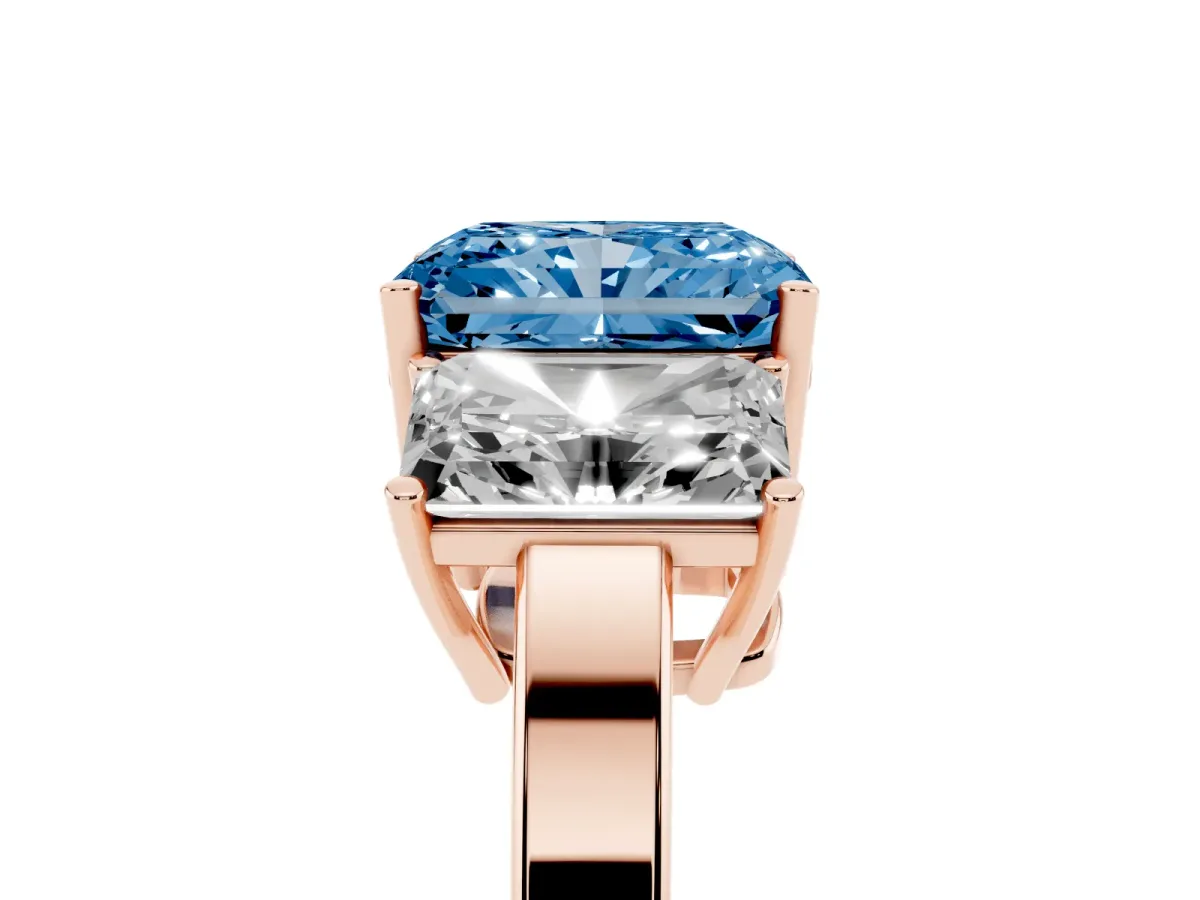Fancy Blue Three-Stone Radiant Cut Cut Diamond Engagement Ring with Flat Band and Four-Prong Setting Rose gold