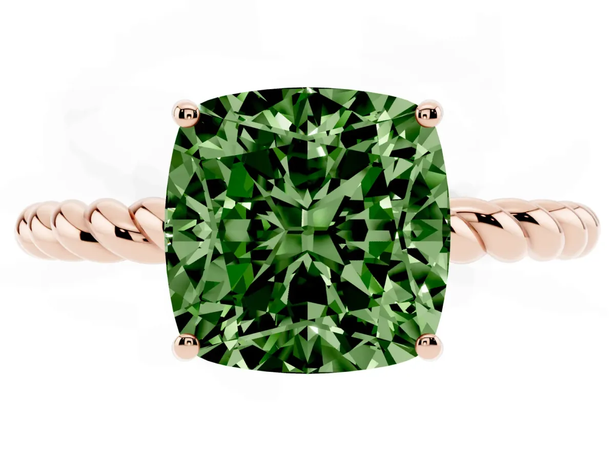 Fancy Green Cushion Cut Solitaire Twist Band Ring with Four-Prong Setting Rose gold