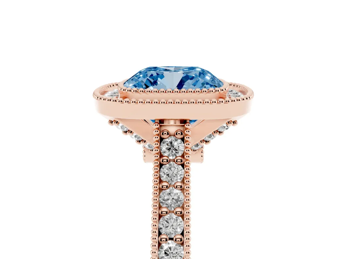 Fancy Blue Halo Cushion Cut-Cut Diamond Pave Band Milgrain Prong Setting Ring Rose gold