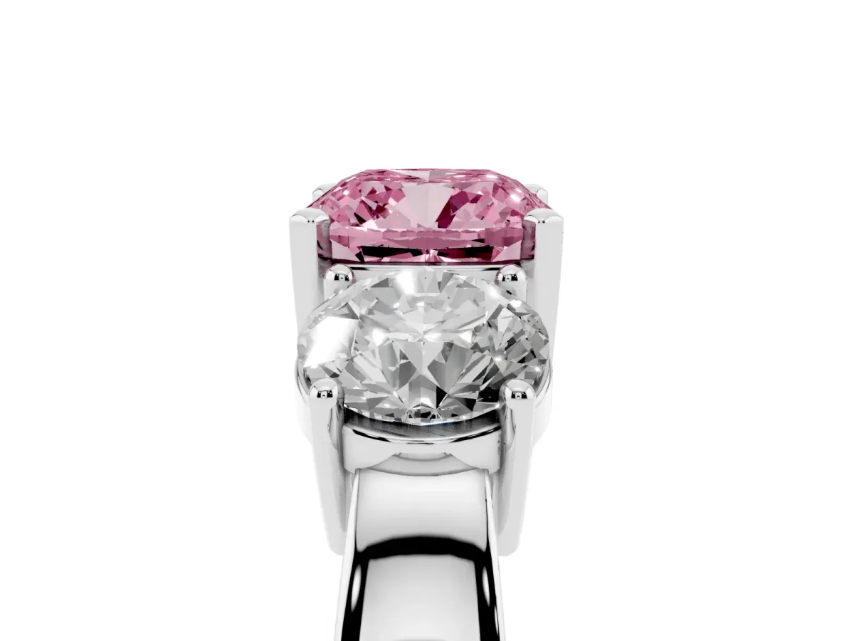 Fancy Pink Three-Stone Cushion Cut Diamond Ring with Round Side Stones, Classic Band, and Four-Prong Setting White gold