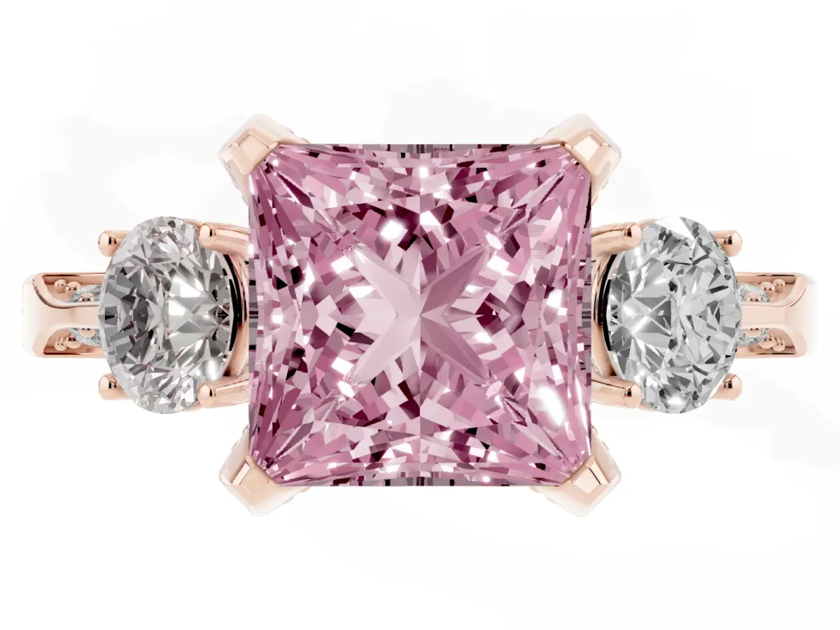 Fancy Pink Princess Cut Brilliant Three-Stone Diamond Ring with Pavé Band and Four-Prong Setting Rose gold