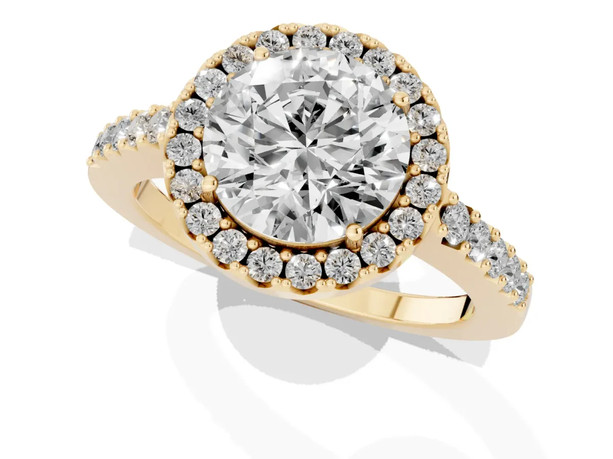 Round Cut Halo Diamond Pavé Solitaire Ring Yellow gold