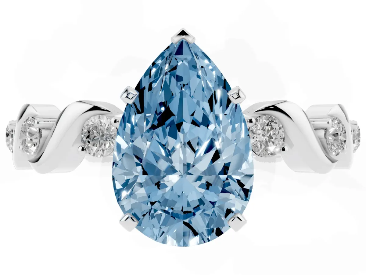 Fancy Blue Pear Cut Diamond Solitaire Twisted Band with Round Accents and Prong Setting Platinum