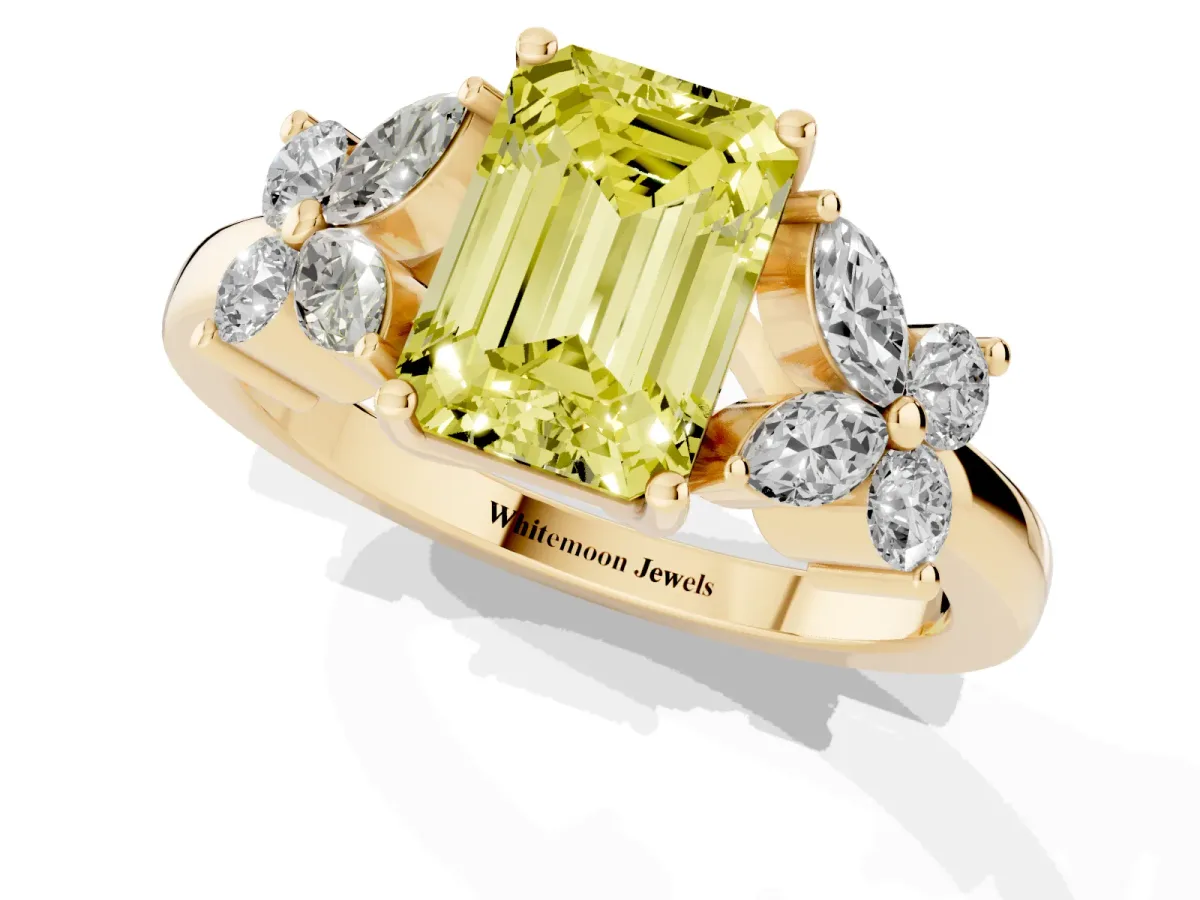 Fancy Yellow Emerald Cut Diamond Floral Cluster Ring with Solitaire Band and Prong Setting Yellow gold