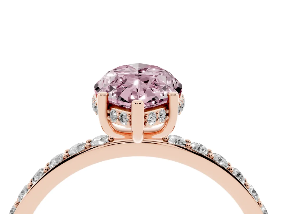 Fancy Pink Marquise Cut Diamond Solitaire Ring with Pavé Band and Hidden Halo Rose gold