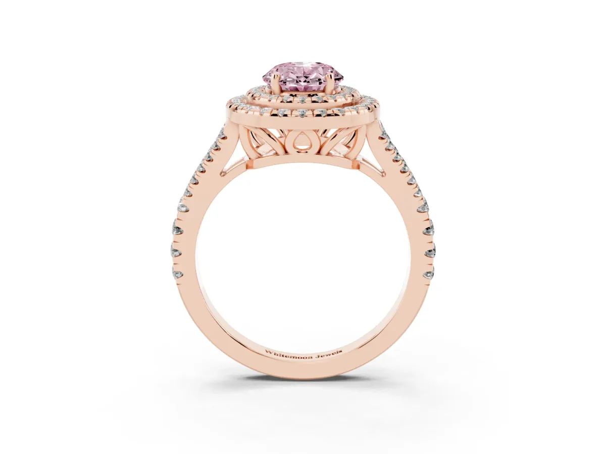 Fancy Pink Oval Cut Diamond Double Halo Ring with Pavé Band and Prong Setting Rose gold
