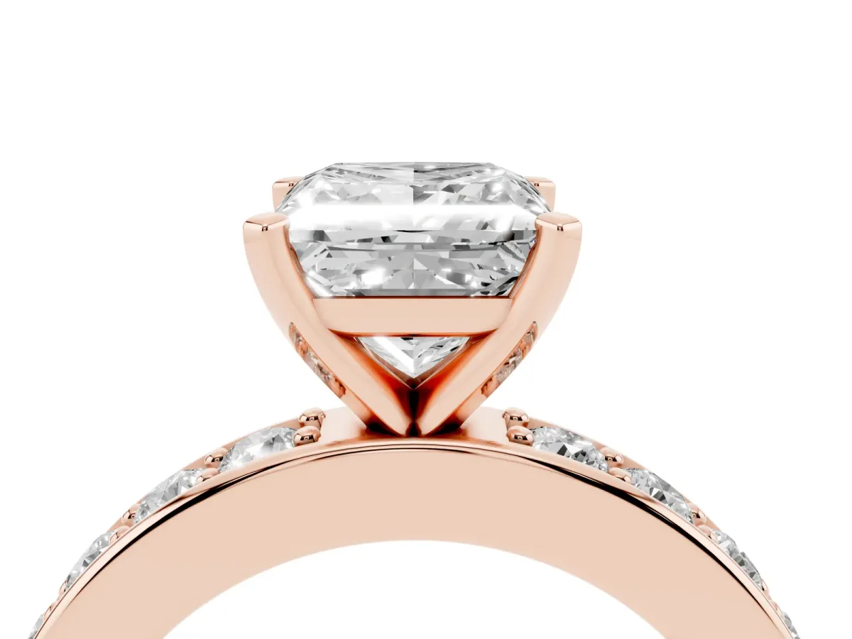 Princess Cut Diamond Engagement Ring with Channel Set Round Band and Prong Setting Rose gold
