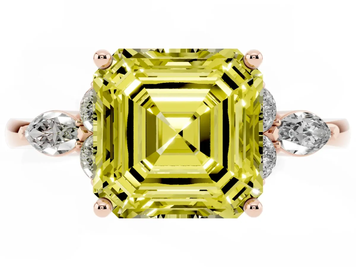 Fancy Yellow Asscher Cut Brilliant Diamond Solitaire Ring with Pear Side Stones and Four-Prong Setting Rose gold