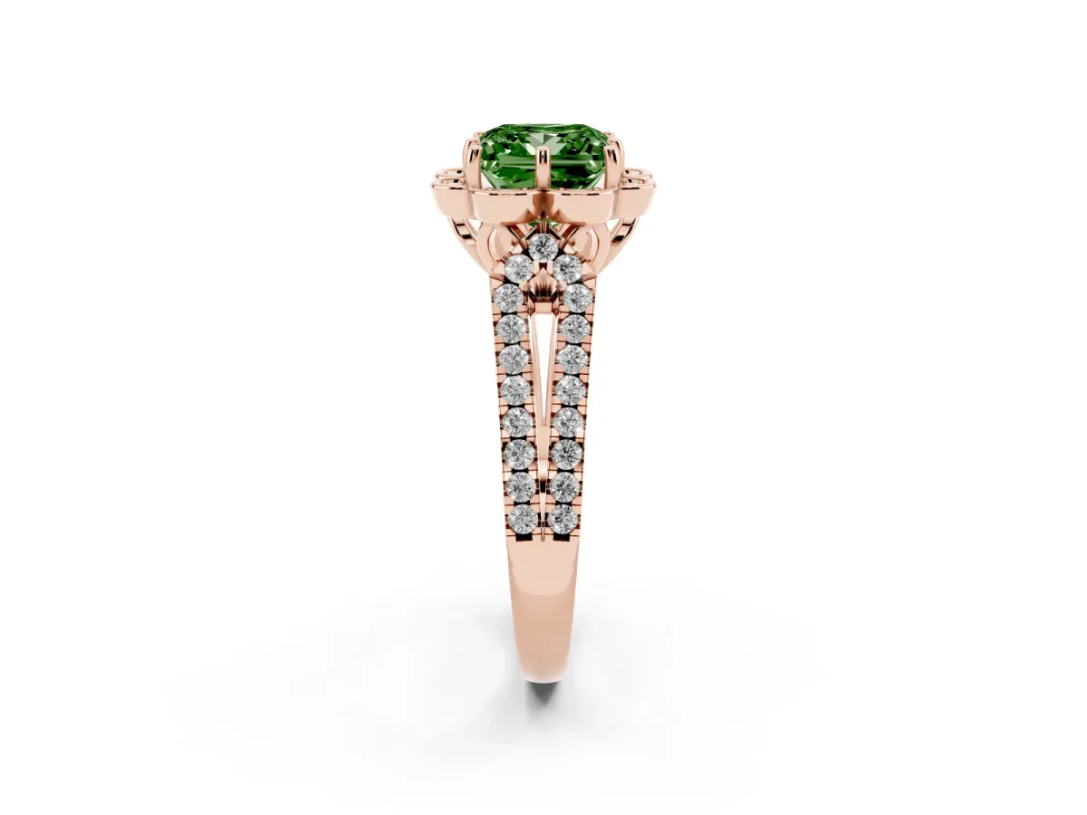 Fancy Green Princess Cut Halo Diamond Floral Split Shank Engagement Ring Rose gold