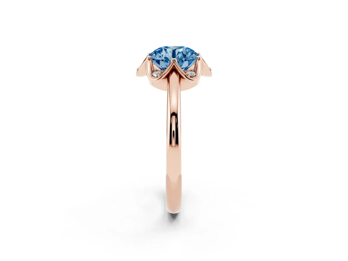 Fancy Blue Round Cut Halo Diamond Ring with Round Cluster Setting, Solitaire Band, and Four-Prong Setting Rose gold