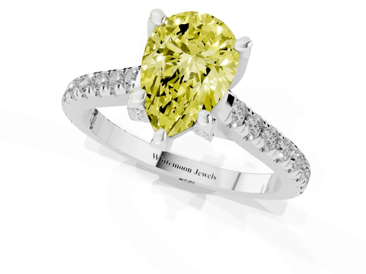 Fancy Yellow Pear Cut Brilliant Diamond Solitaire with Pavé Band and Four-Prong Setting Silver