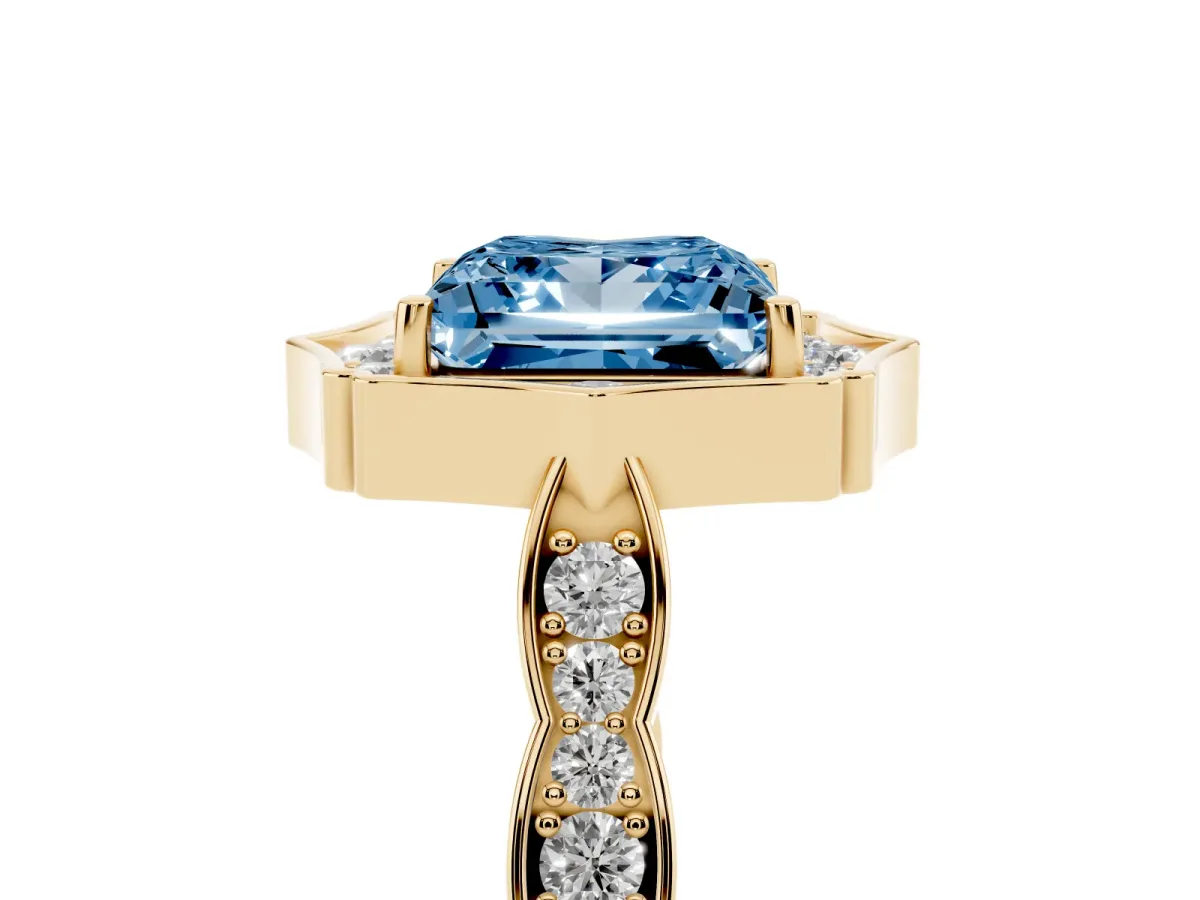 Fancy Blue Princess Cut Halo Diamond Engagement Ring with Milgrain Band and Four-Prong Setting Yellow gold