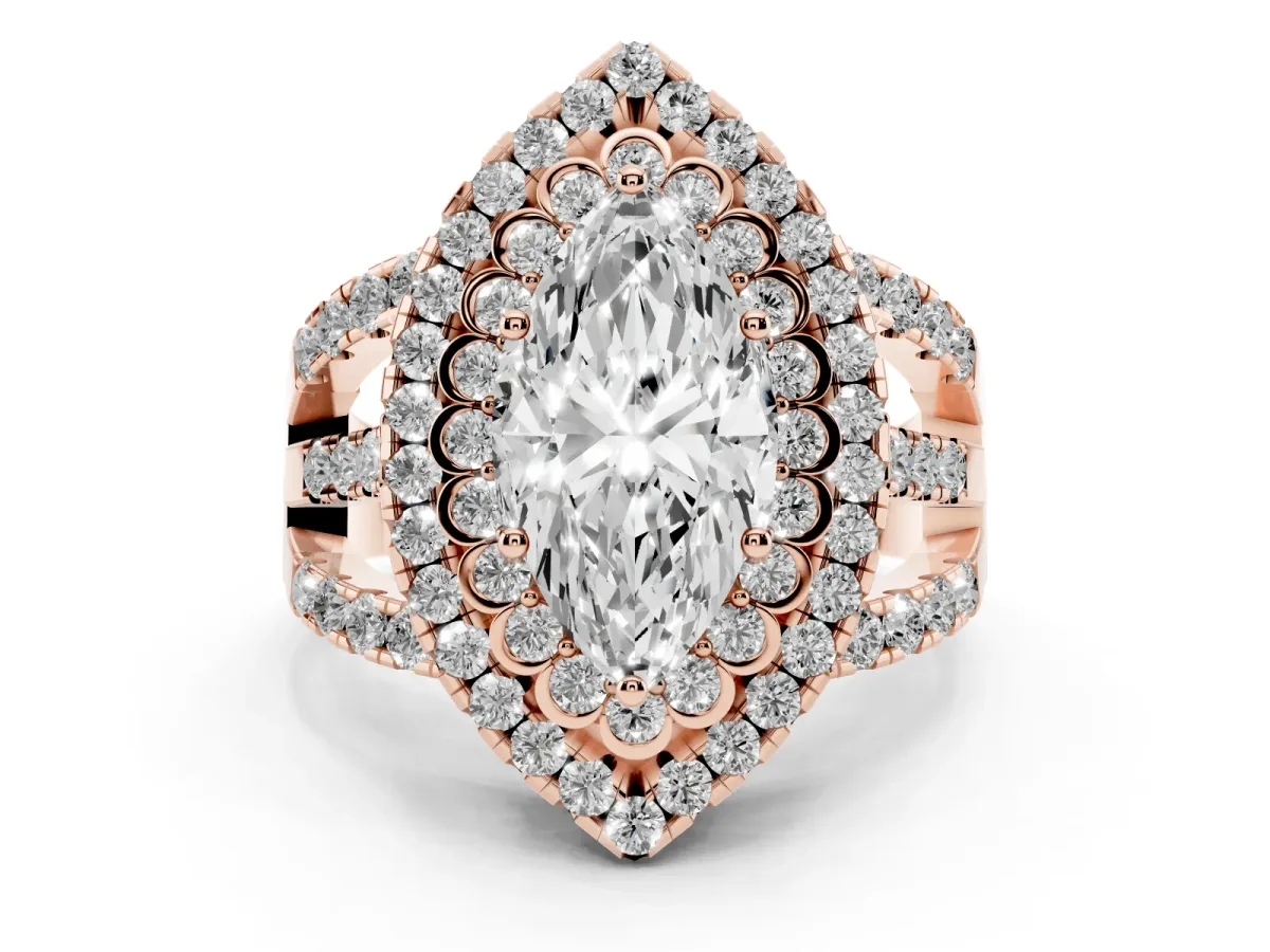 Marquise Cut Diamond Double Halo Ring with Round Pavé Split Shank and Prong Setting Rose gold