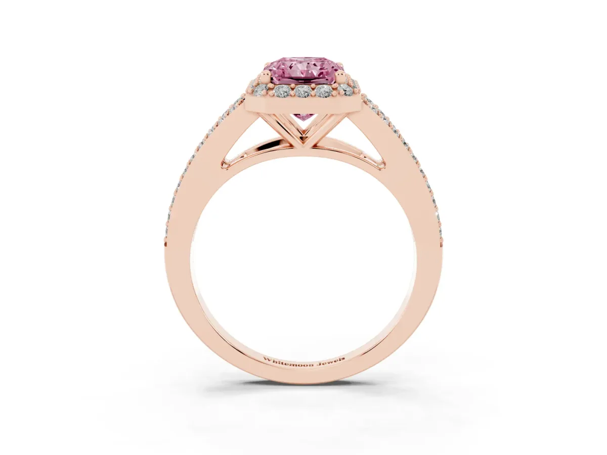 Fancy Pink Radiant Cut Halo Split Shank Diamond Ring with Prong Setting Rose gold