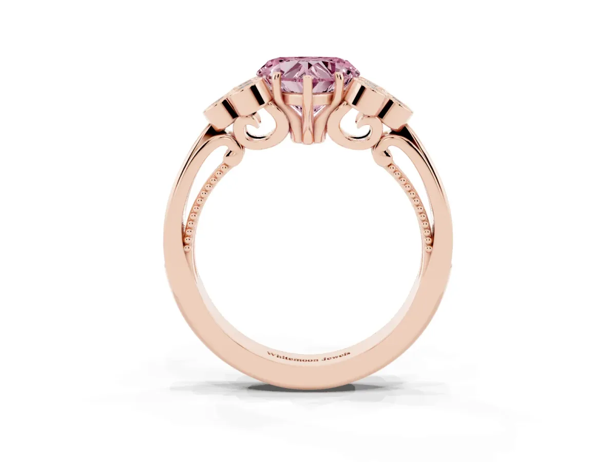 Fancy Pink Heart Cut Cut Diamond Engagement Ring with Bezel Set Round Side Stones and Prong Setting Rose gold