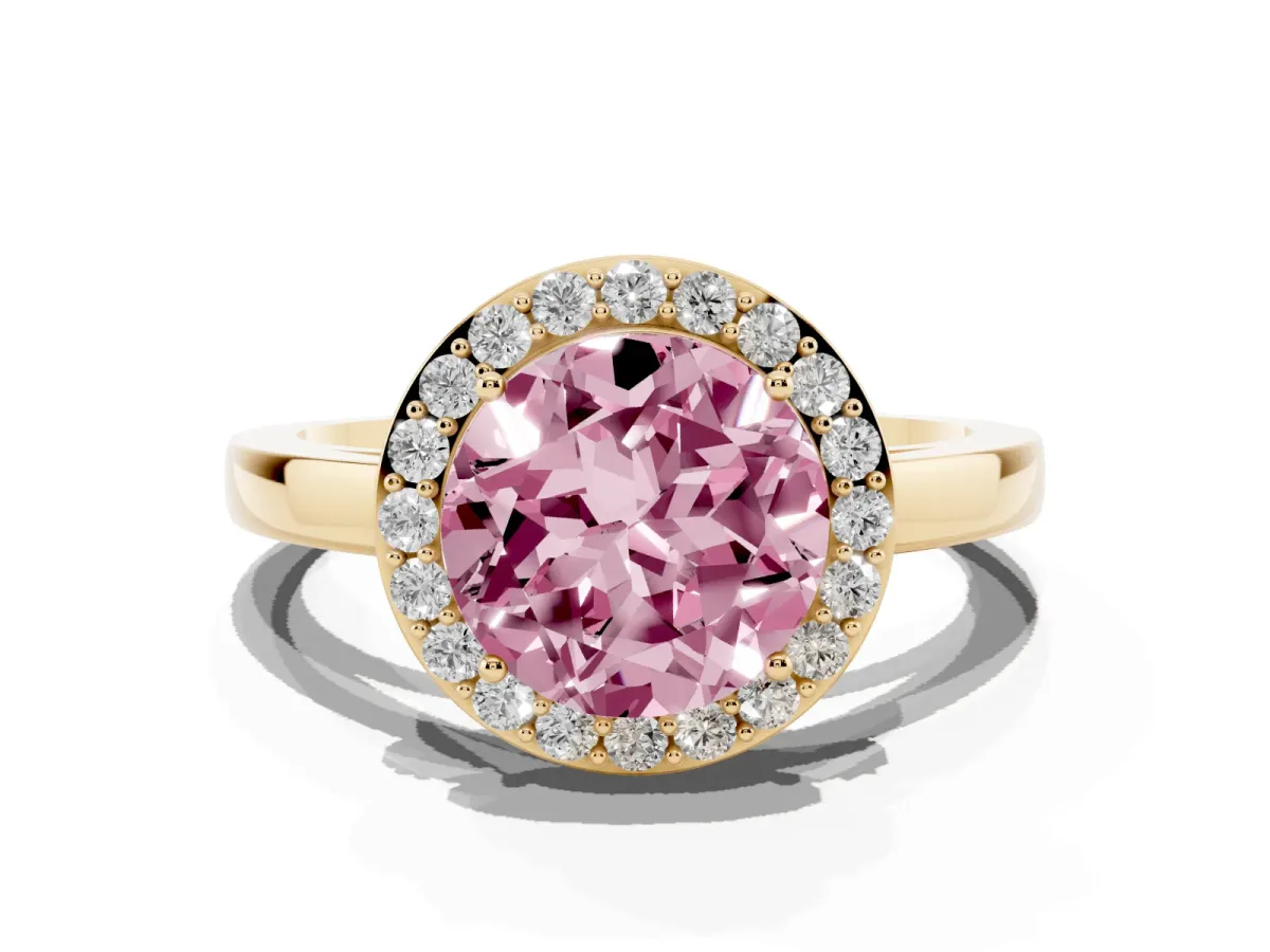 Fancy Pink Round Cut Halo Diamond Ring with Solitaire Band and Prong Setting Yellow gold