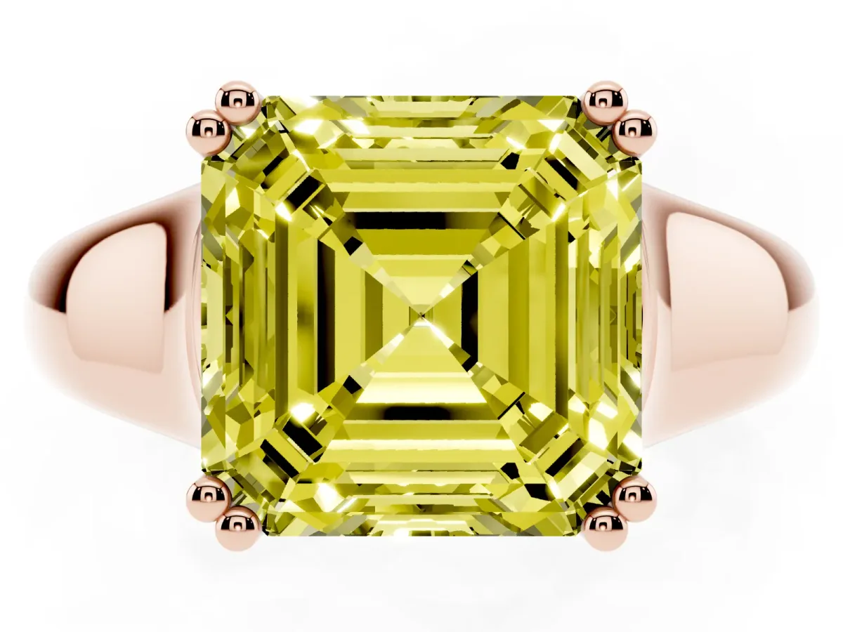 Fancy Yellow Asscher Cut Diamond Solitaire Ring with Wide Band and Prong Setting Rose gold