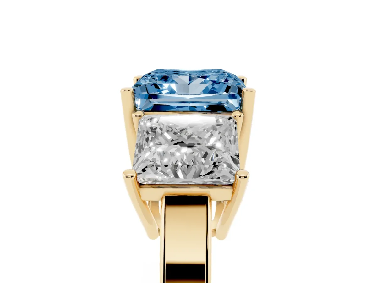 Fancy Blue Three-Stone Princess Cut Cut Diamond Engagement Ring with Flat Band and Four-Prong Setting Yellow gold