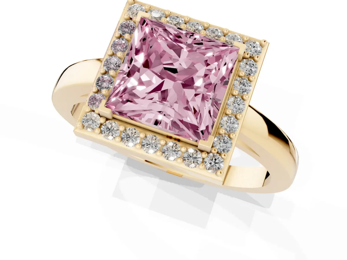 Fancy Pink Princess Cut Halo Diamond Ring with Solitaire Band and Prong Setting Yellow gold
