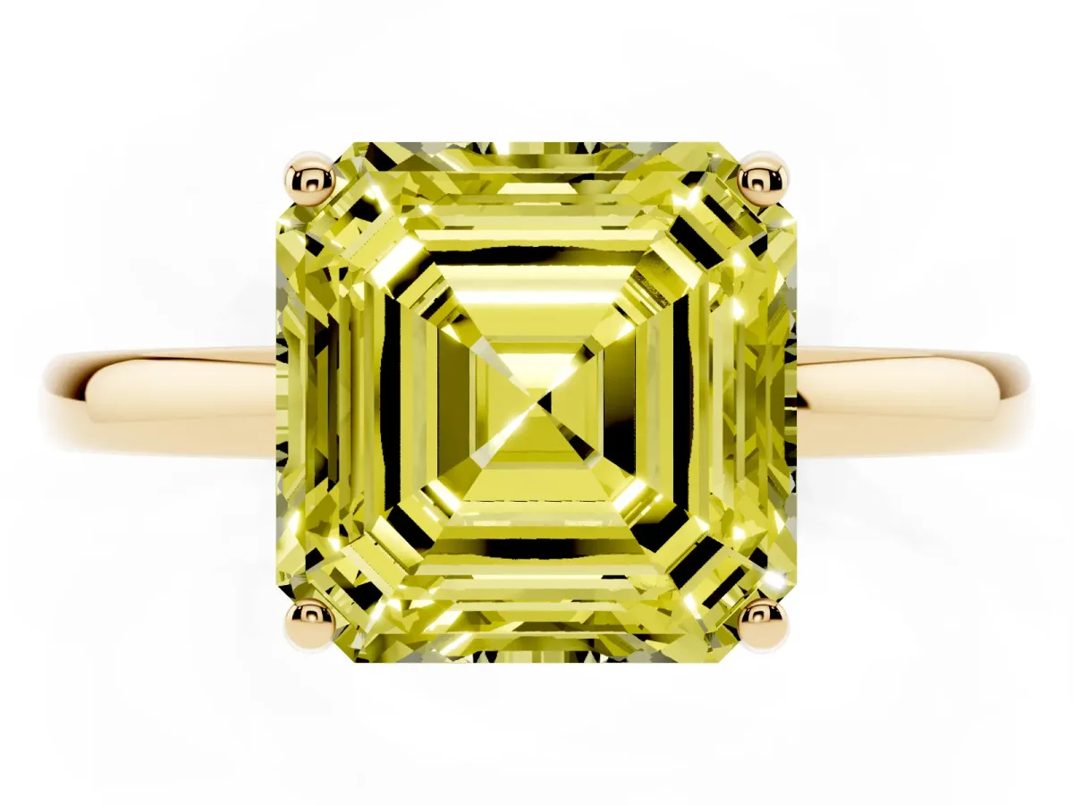 Fancy Yellow Asscher Cut Solitaire Diamond Ring with Prong Setting and Plain Band Yellow gold