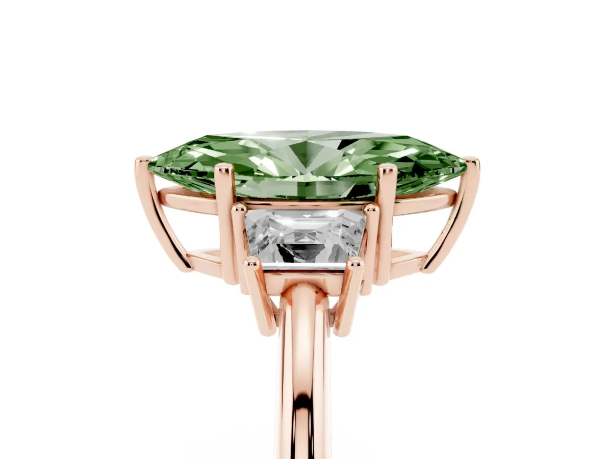 Fancy Green Marquise Cut Diamond Three-Stone Ring with Trapezoid Side Stones and Prong Setting Rose gold