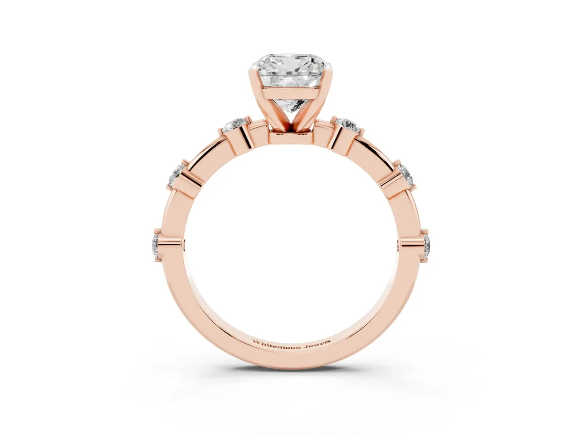 Cushion Cut Solitaire Diamond Ring with Bezel Set Side Stones and Prong Setting Rose gold
