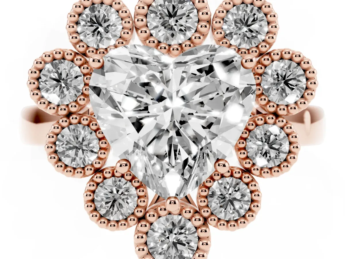 Heart Cut Halo Diamond Cluster Engagement Ring with Milgrain Bezel Setting and Solitaire Band Rose gold