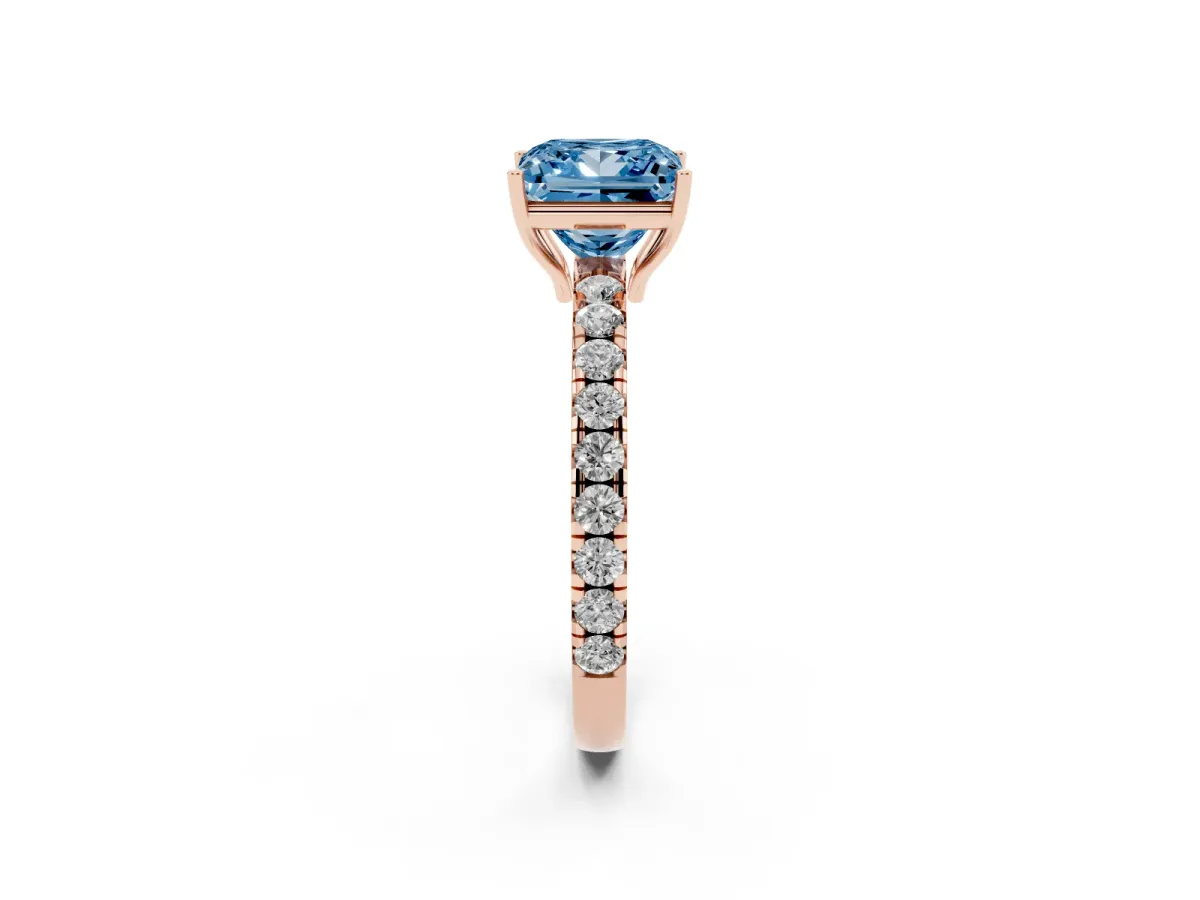 Fancy Blue Princess Cut Diamond Pavé Solitaire Engagement Ring with Four-Prong Setting Rose gold