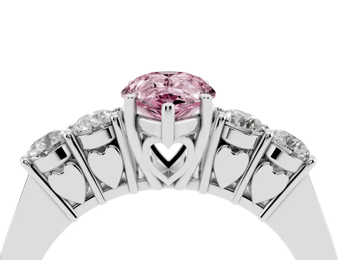 Fancy Pink Pear Cut Cut Diamond Five-Stone Prong Set White Gold Ring Silver