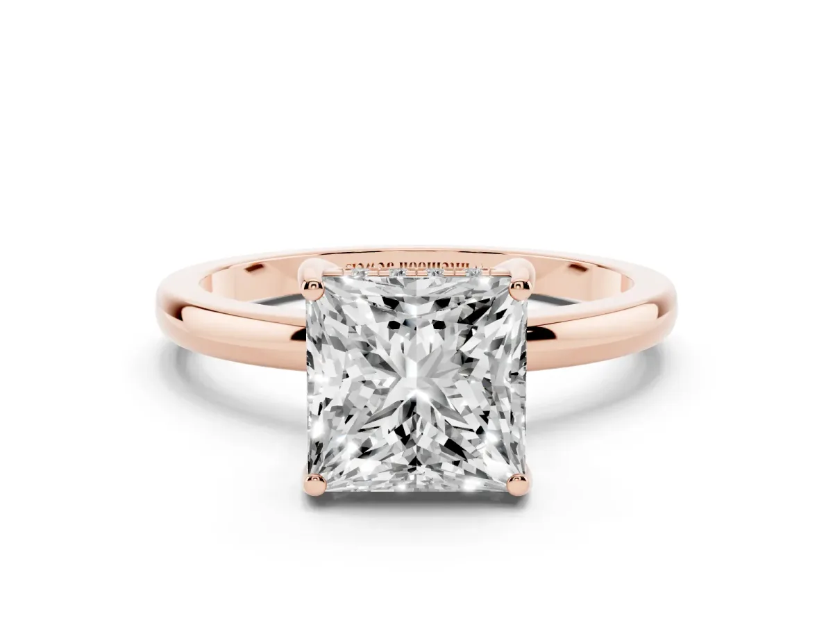 Princess Cut Solitaire Diamond Ring with Prong Setting and Plain Band Rose gold