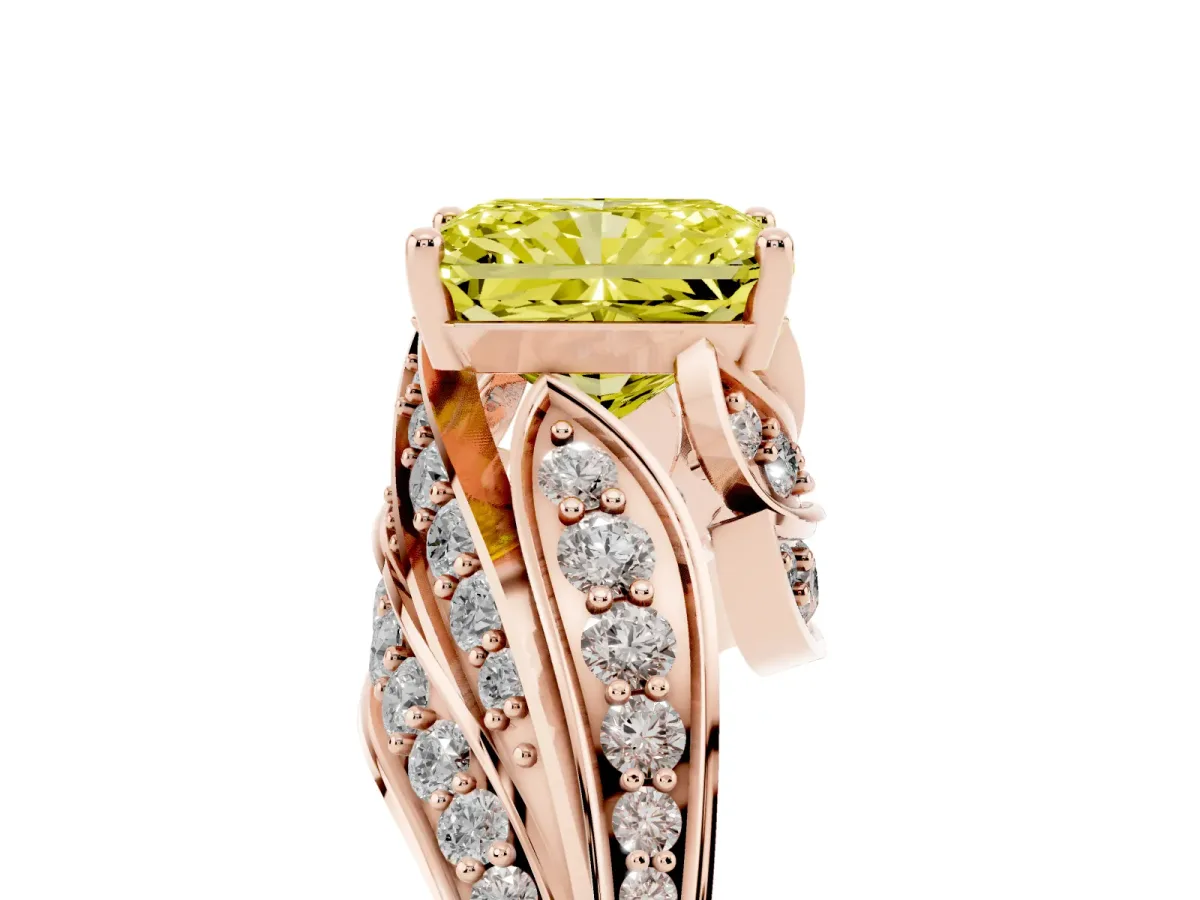 Fancy Yellow Radiant Cut Diamond Solitaire Ring with Prong Setting and Twisted Pavé Band Rose gold