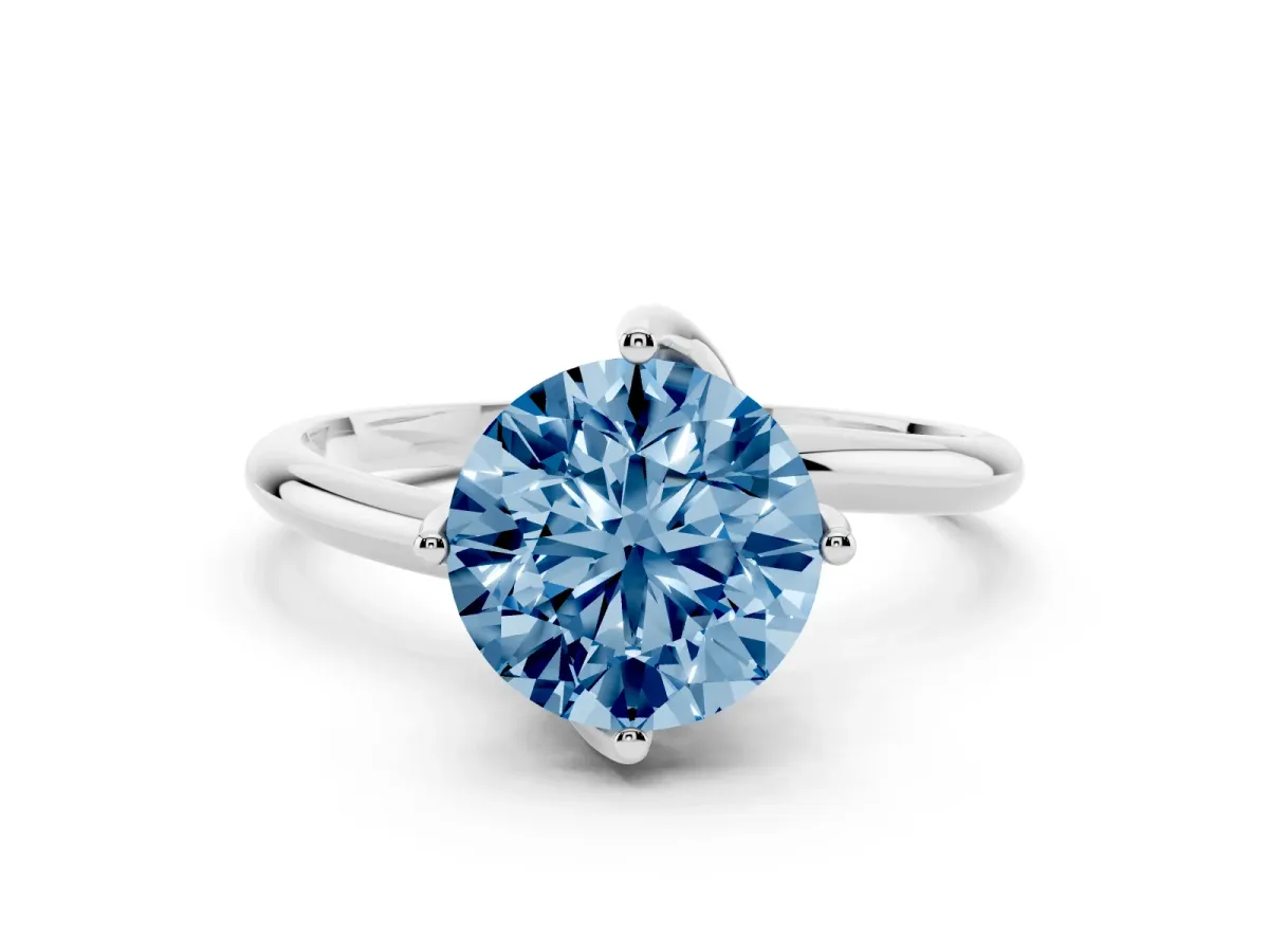 Fancy Blue Round Cut Diamond Solitaire Engagement Ring with Four-Prong Setting and Classic Band Silver
