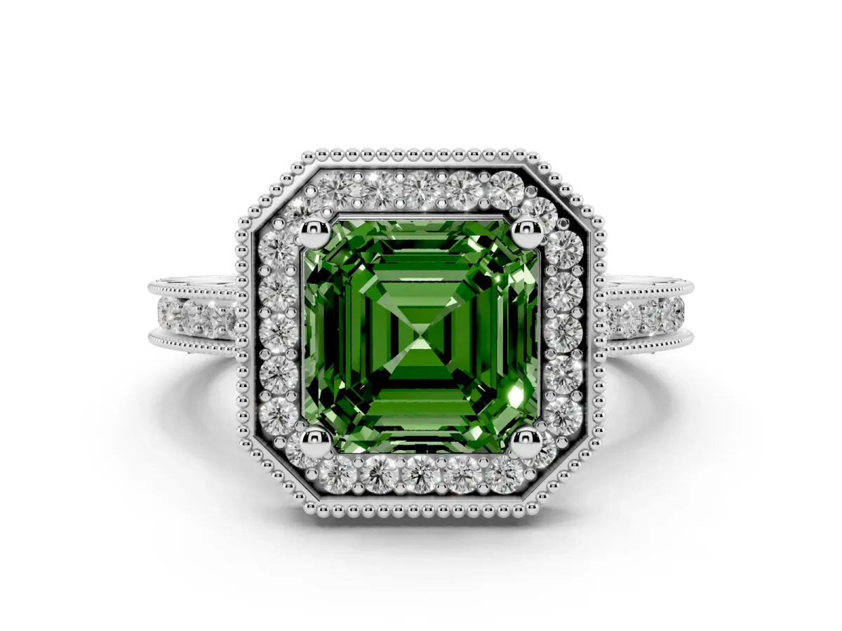 Fancy Green Asscher Cut Diamond Milgrain Halo Engagement Ring with Round Pavé Band and Prong Setting Platinum