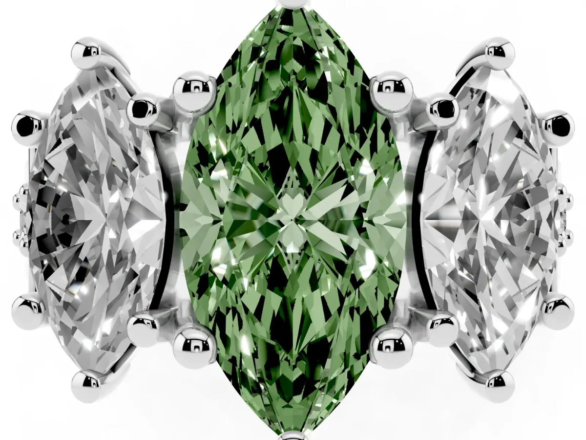 Fancy Green Marquise Cut Diamond Three-Stone Ring with Channel Set Band and Four-Prong Setting Silver