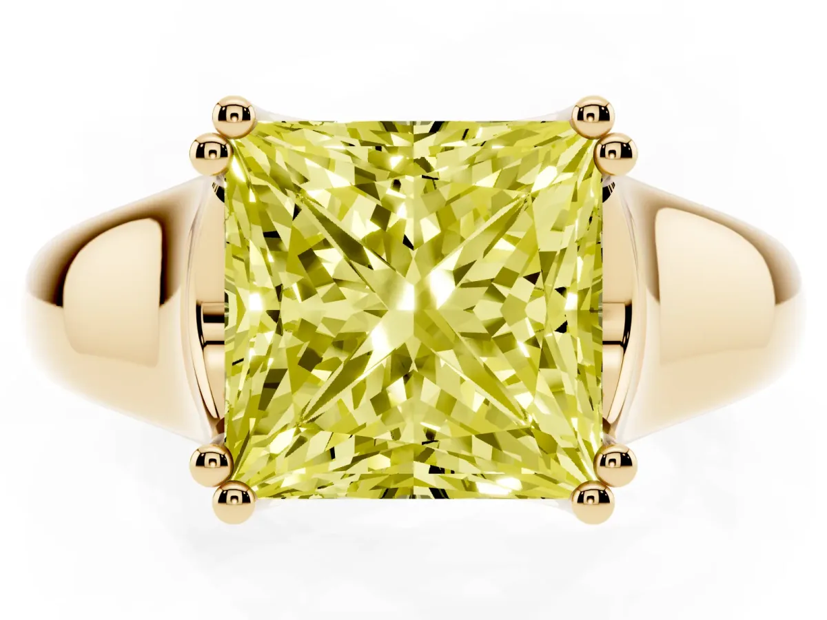 Fancy Yellow Princess Cut Diamond Solitaire Ring with Wide Band and Prong Setting Yellow gold