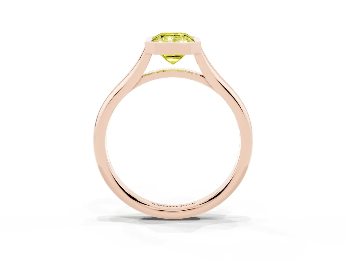 Fancy Yellow Bezel Set Emerald Cut Cut Solitaire Ring with Tapered Band Rose gold
