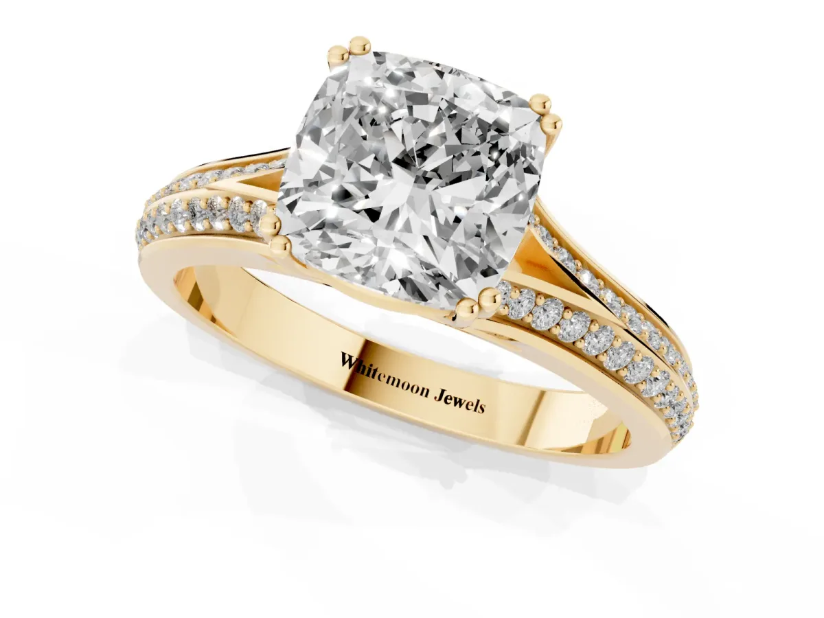 Cushion Cut Diamond Split Shank Engagement Ring with Pavé Band Yellow gold